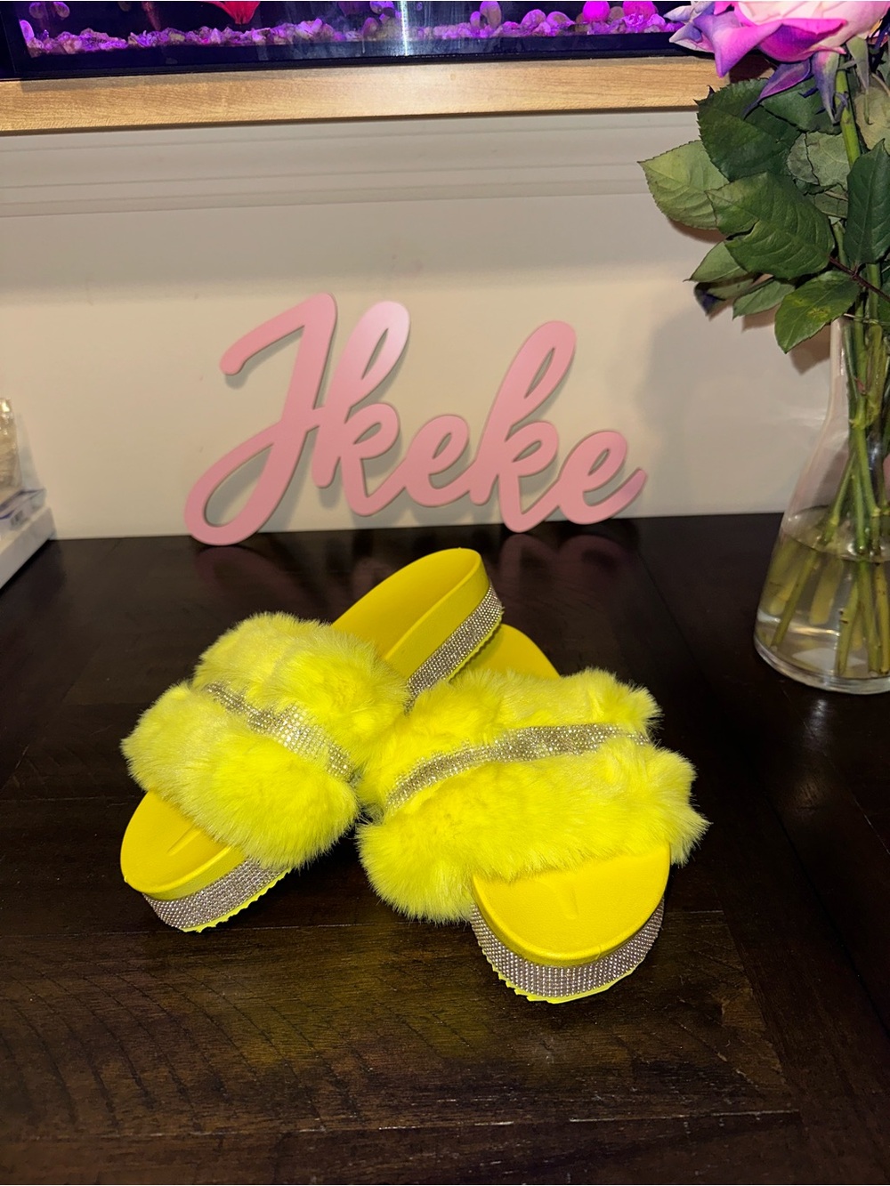 Yellow Faux Fur Rhinestone Platform Slide Sandals size 5, 6, 7, 7.5, 8, 9, 10